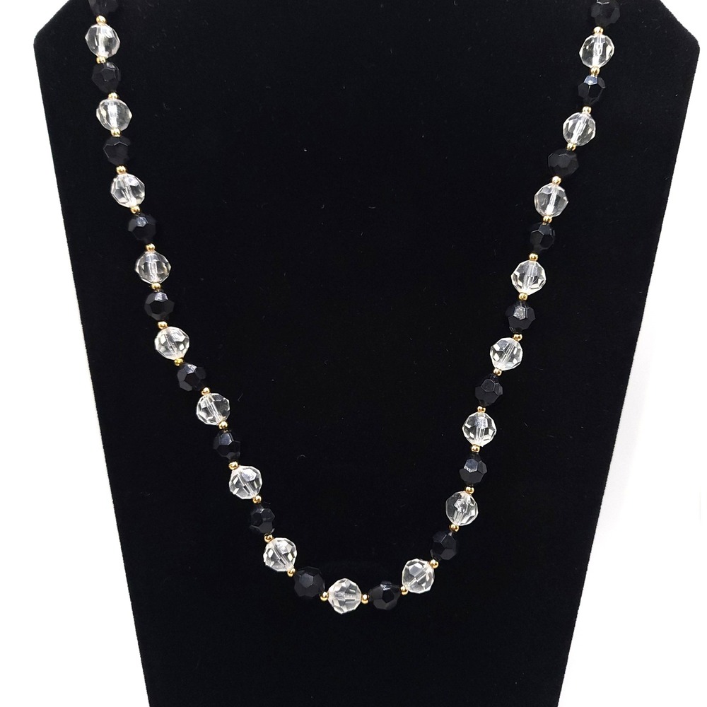 Black Clear Faceted Bead Necklace Gold Tone 24in Classic Style